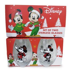 New! Boxed Set of 2 Stemless Wine Glasses Mickey Mouse & Minnie Disney Cartoon